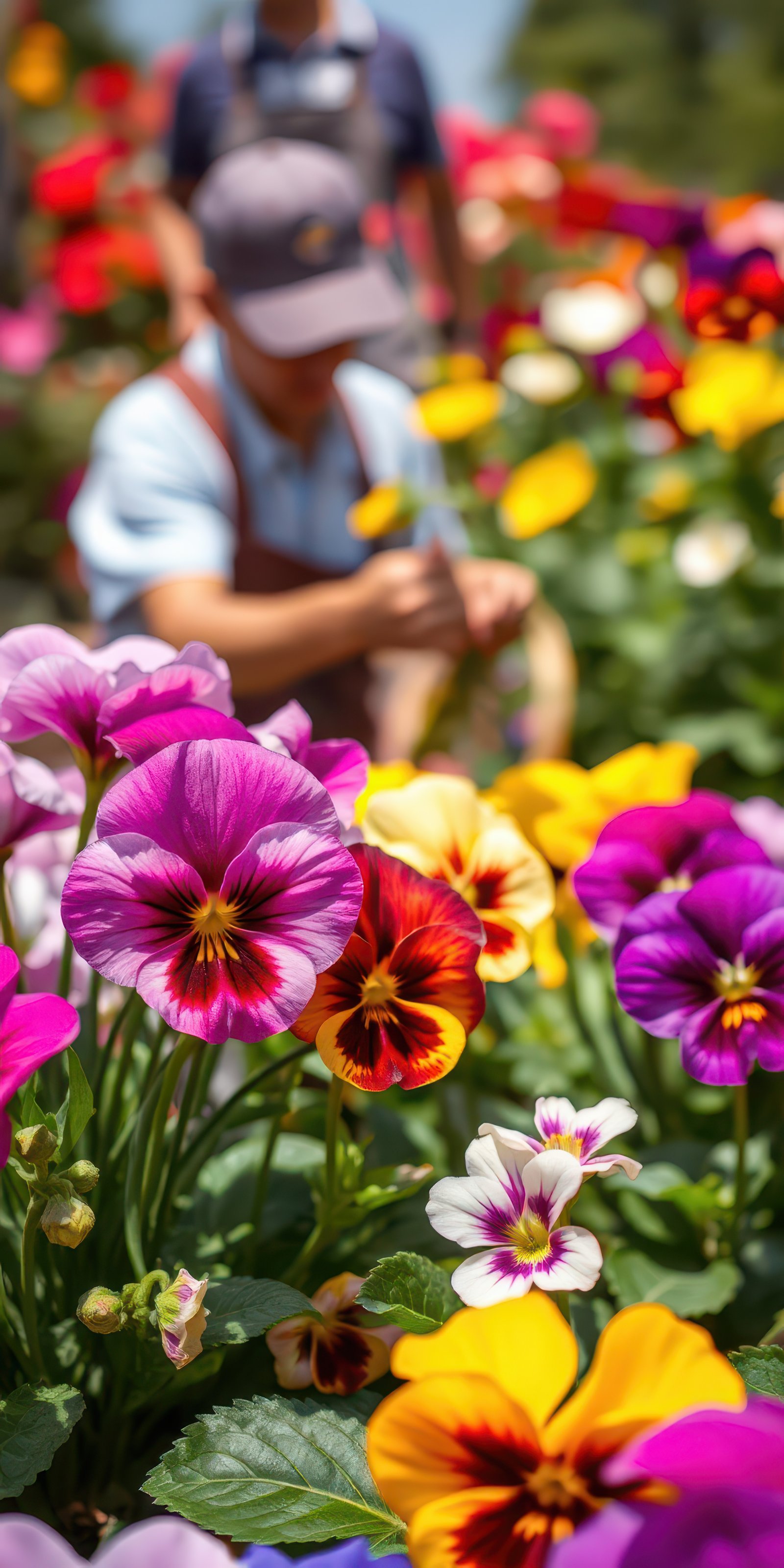 Vibrant pansies bloom in a lush garden while a gardener tends to the plants during the sunny spring afternoon